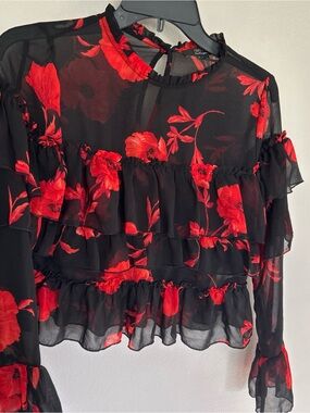 Forever 21 Black Sheer Blouse with Red Floral Ruffles